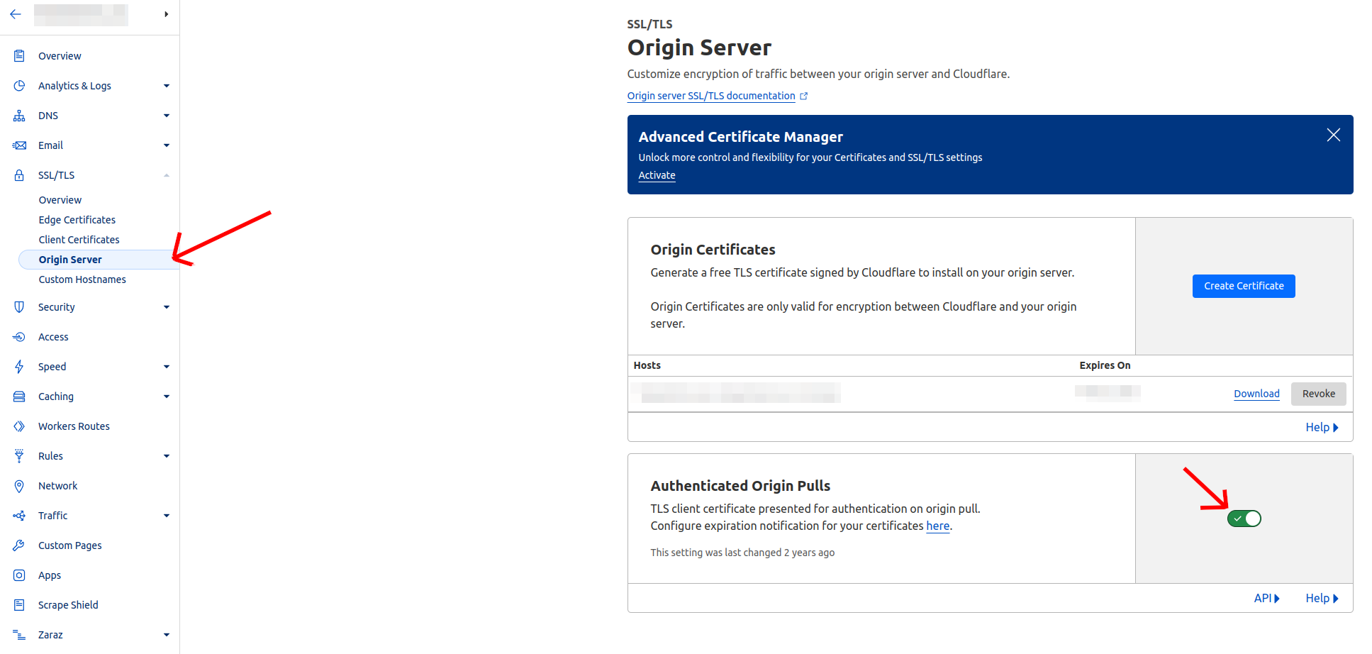 Capture d'écran de Cloudflare montrant l'activation du mode Authenticated Origin Pull